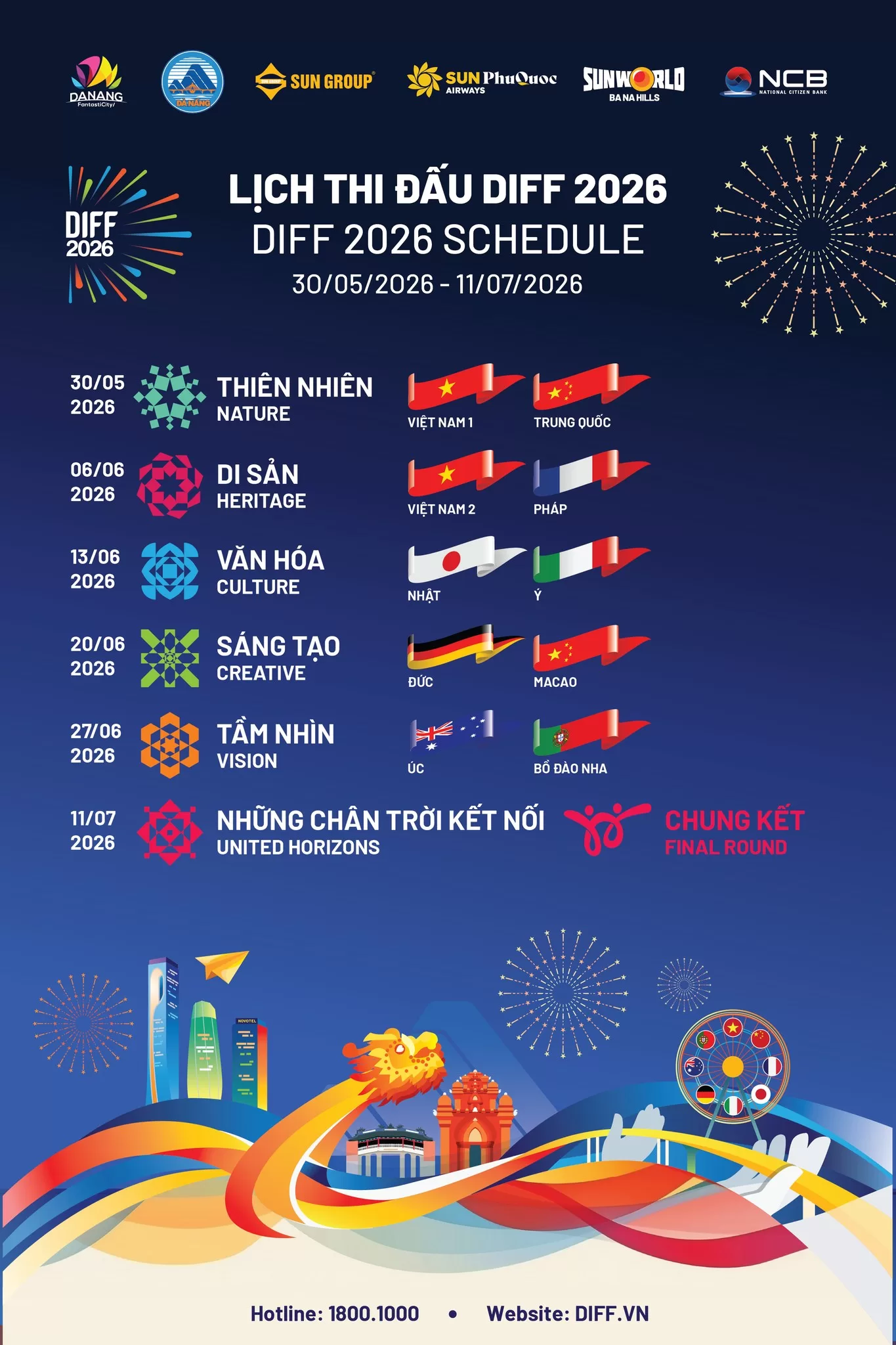Lịch thi đấu lễ hội pháo hoa quốc tế DIFF 2026. Đặt vé online qua Hoàng Phú An